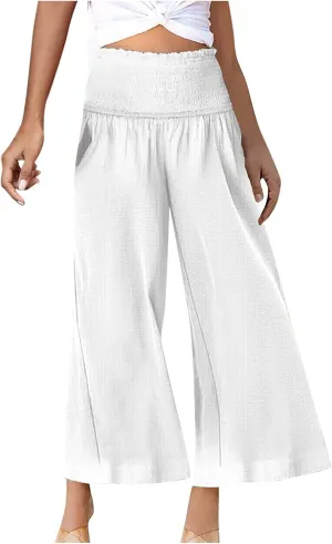 Womens Linen Capri Pants Wide Leg Palazzo Lounge Pant Summer High Waisted Flowy Beach Work Boho Casual Trousers