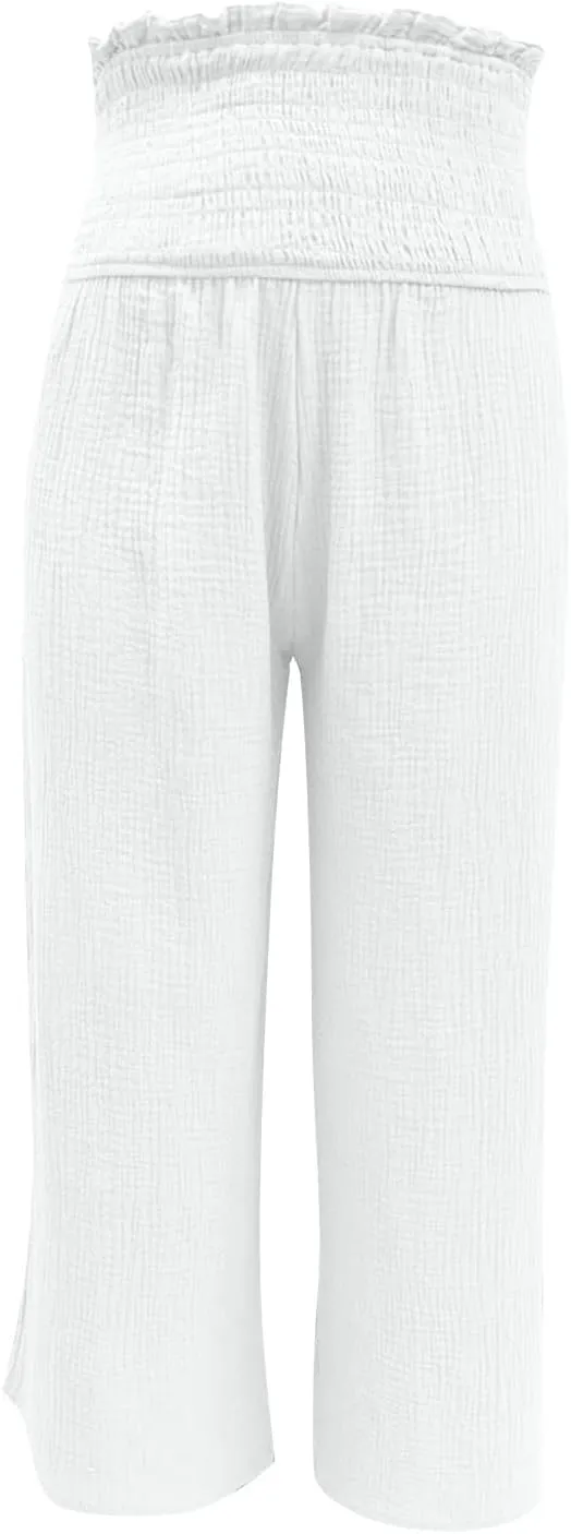 Womens Linen Capri Pants Wide Leg Palazzo Lounge Pant Summer High Waisted Flowy Beach Work Boho Casual Trousers
