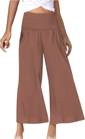 Womens Linen Capri Pants Wide Leg Palazzo Lounge Pant Summer High Waisted Flowy Beach Work Boho Casual Trousers