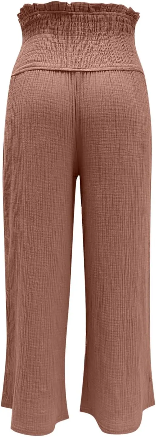 Womens Linen Capri Pants Wide Leg Palazzo Lounge Pant Summer High Waisted Flowy Beach Work Boho Casual Trousers