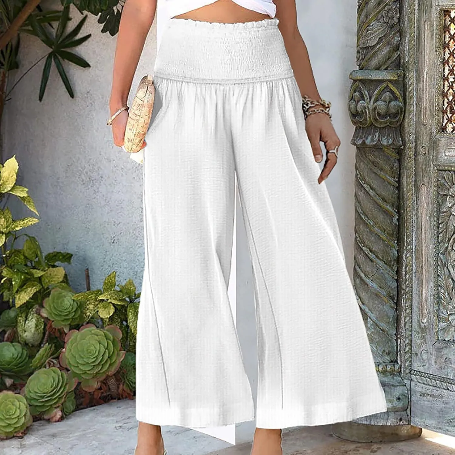 Womens Linen Capri Pants Wide Leg Palazzo Lounge Pant Summer High Waisted Flowy Beach Work Boho Casual Trousers
