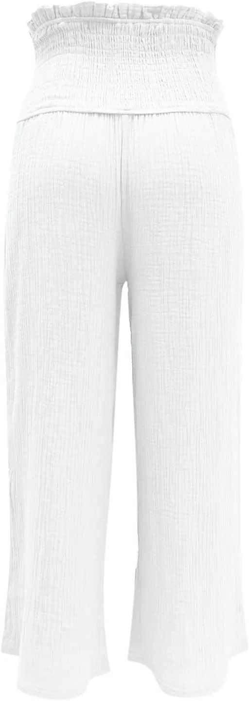 Womens Linen Capri Pants Wide Leg Palazzo Lounge Pant Summer High Waisted Flowy Beach Work Boho Casual Trousers