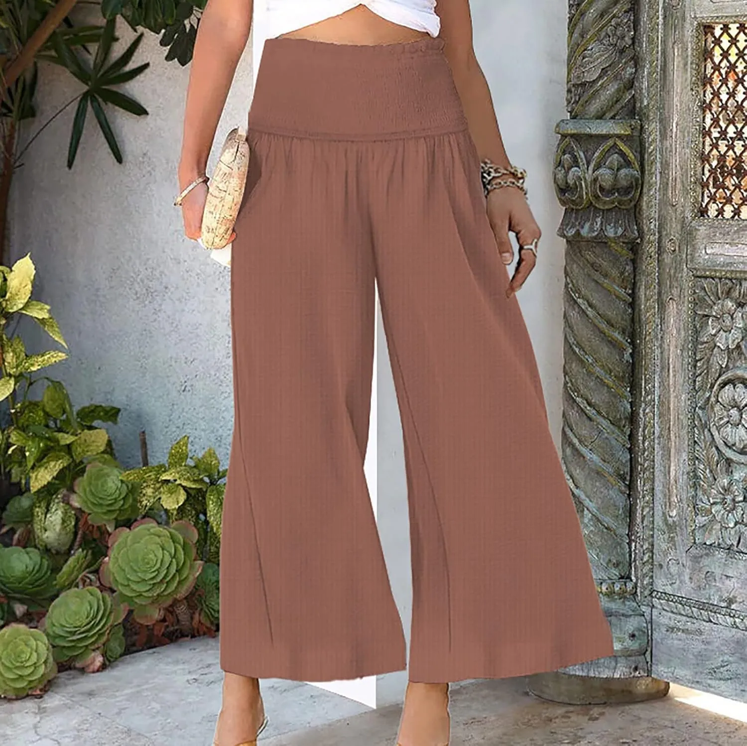 Womens Linen Capri Pants Wide Leg Palazzo Lounge Pant Summer High Waisted Flowy Beach Work Boho Casual Trousers
