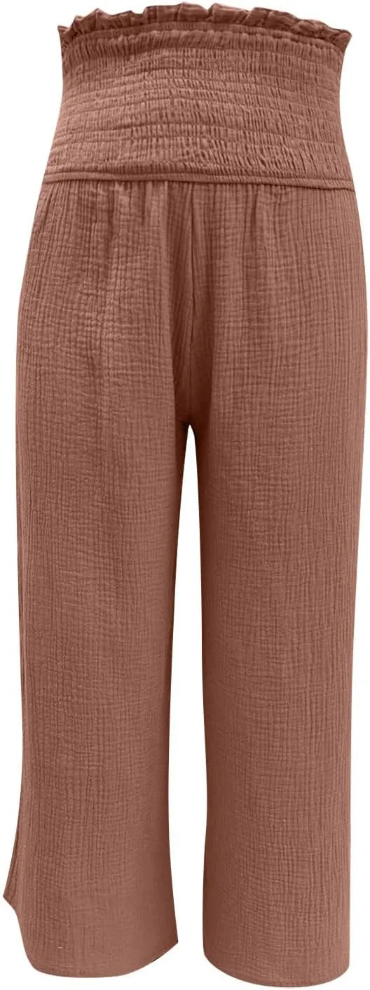 Womens Linen Capri Pants Wide Leg Palazzo Lounge Pant Summer High Waisted Flowy Beach Work Boho Casual Trousers