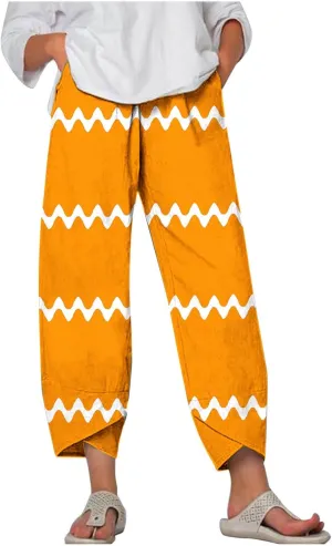 Women's Linen Cropped Pants Tapered Ankle Capris Trousers Casual Elastic Waist Sweatpant with Pockets Boho Lounge Pant