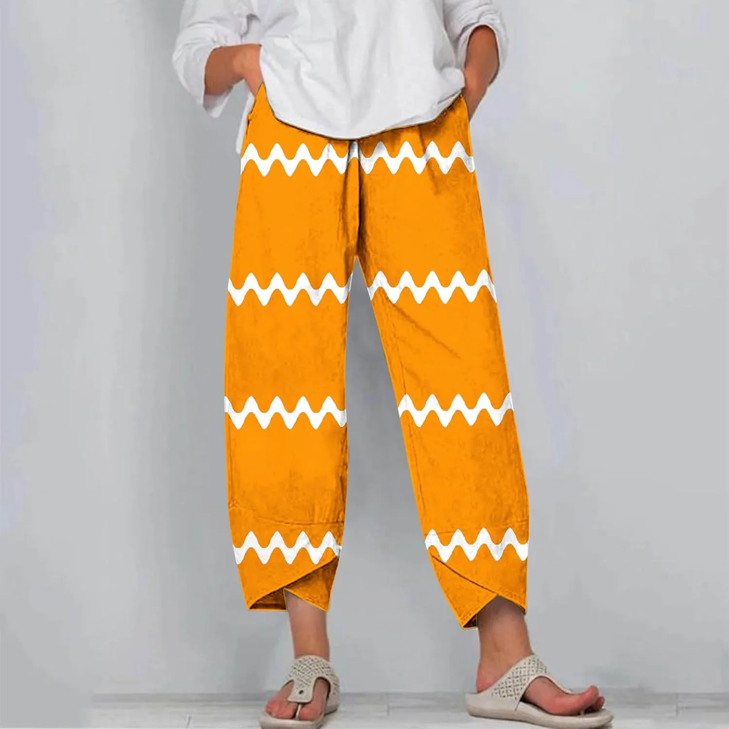 Women's Linen Cropped Pants Tapered Ankle Capris Trousers Casual Elastic Waist Sweatpant with Pockets Boho Lounge Pant