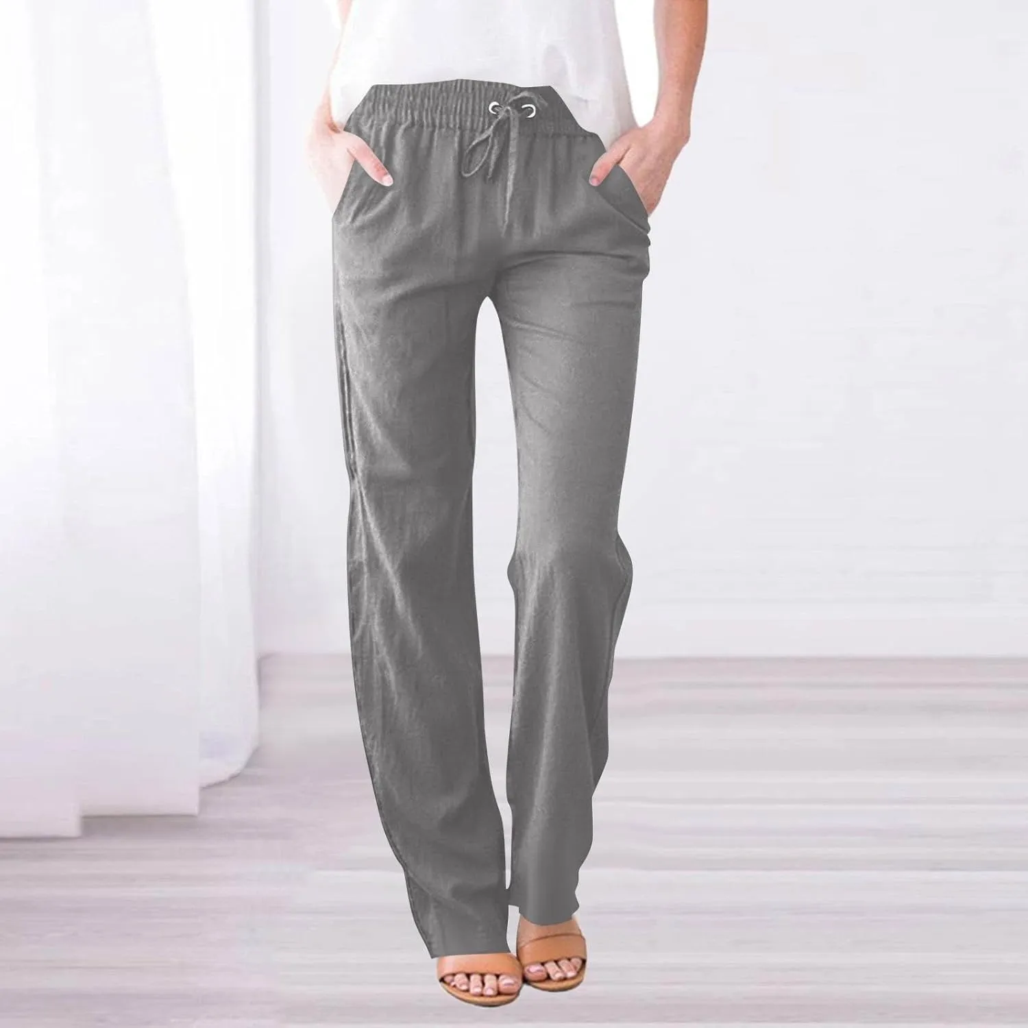 Womens Linen High Waist Pants Drawstring Wide Leg Loose Fit Summer Pants Trousers with Side Pockets