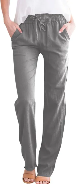 Womens Linen High Waist Pants Drawstring Wide Leg Loose Fit Summer Pants Trousers with Side Pockets