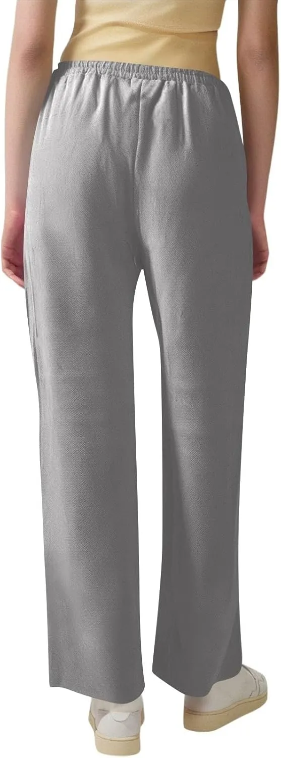 Womens Linen High Waist Pants Drawstring Wide Leg Loose Fit Summer Pants Trousers with Side Pockets