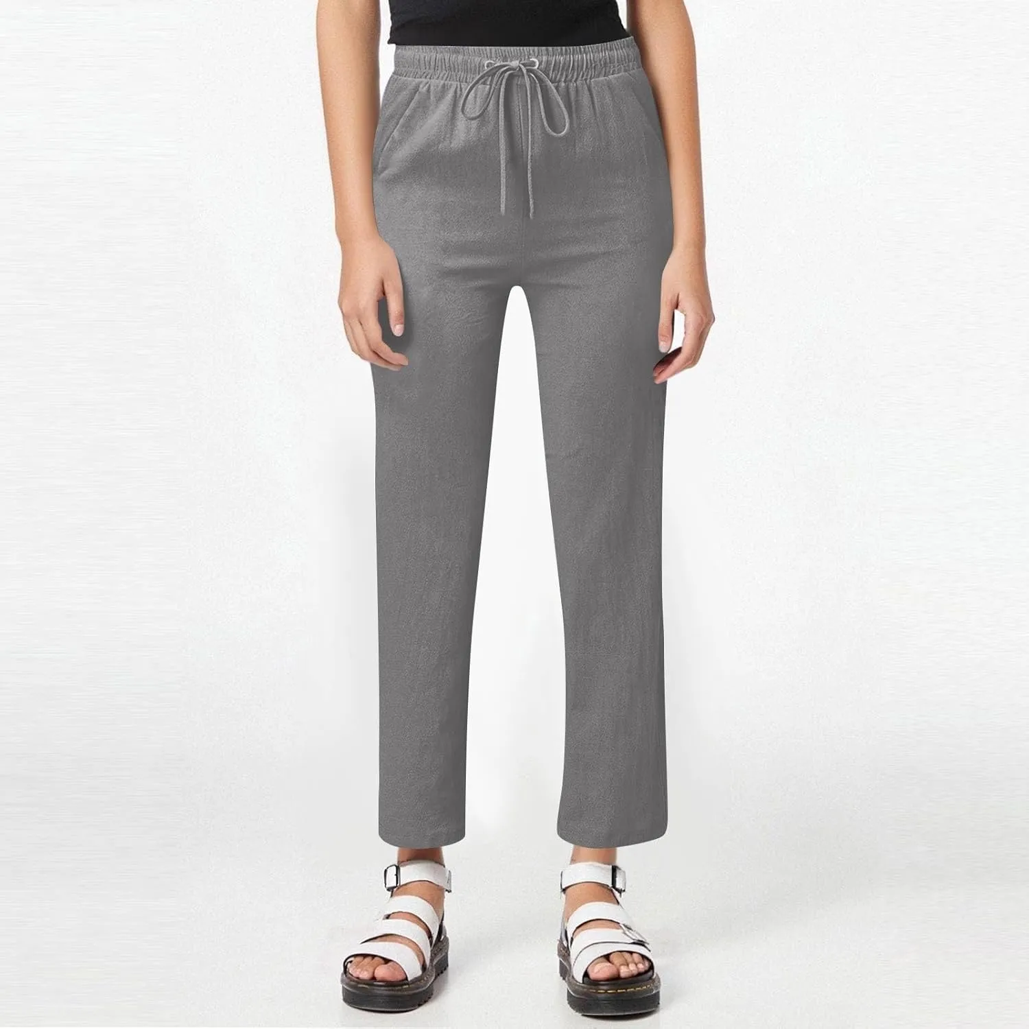 Womens Linen High Waist Pants Drawstring Wide Leg Loose Fit Summer Pants Trousers with Side Pockets