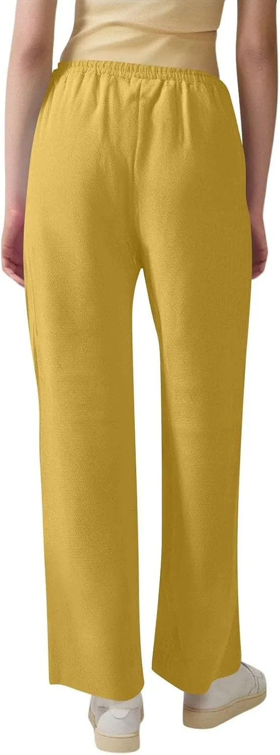 Womens Linen High Waist Pants Drawstring Wide Leg Loose Fit Summer Pants Trousers with Side Pockets