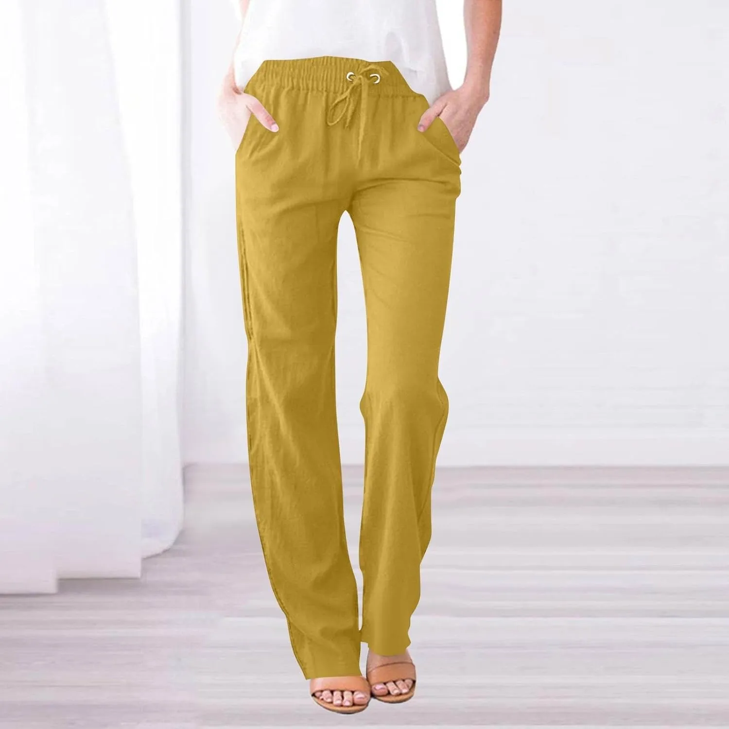 Womens Linen High Waist Pants Drawstring Wide Leg Loose Fit Summer Pants Trousers with Side Pockets