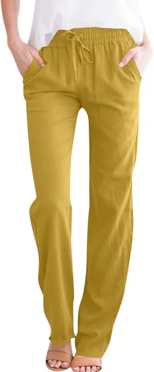 Womens Linen High Waist Pants Drawstring Wide Leg Loose Fit Summer Pants Trousers with Side Pockets