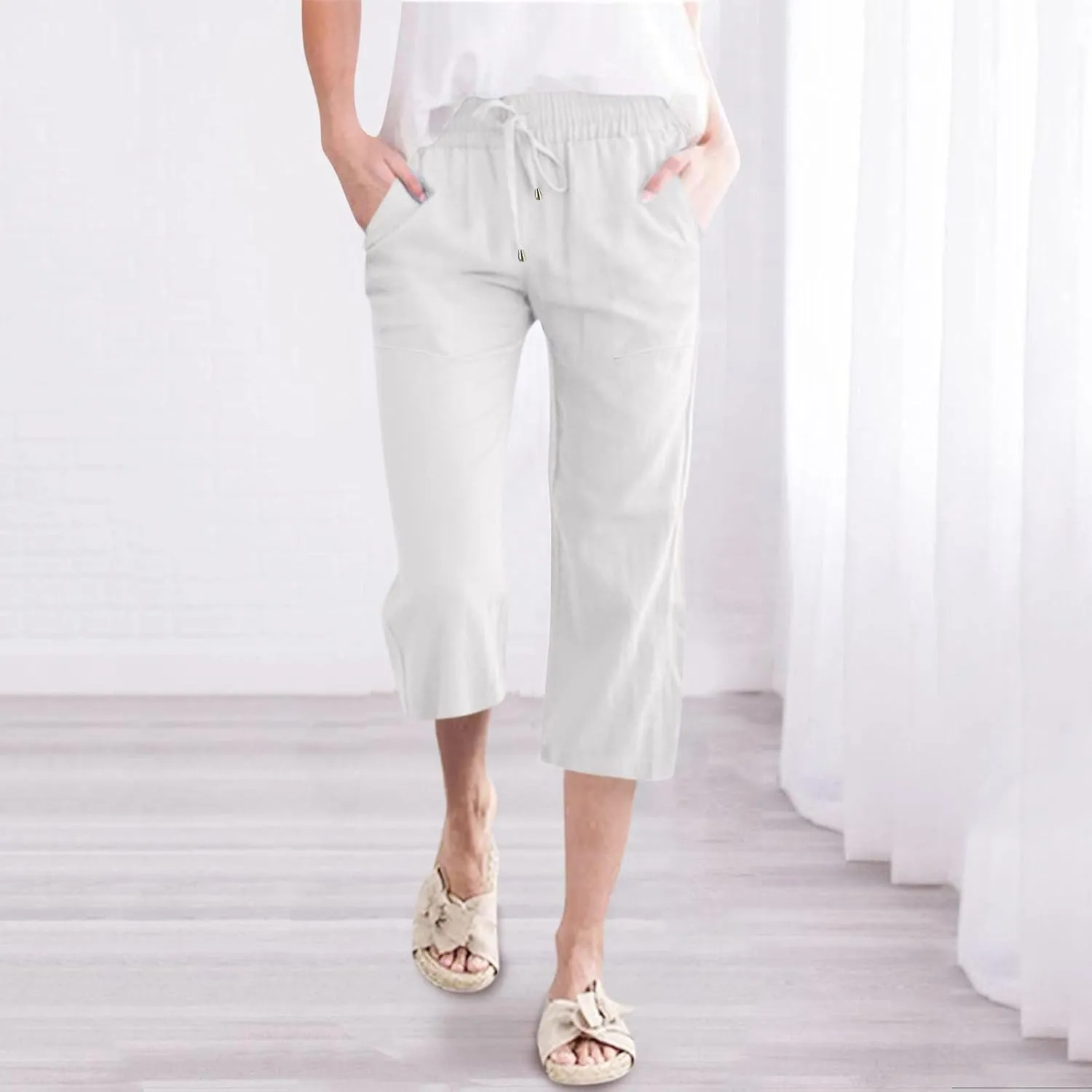 Womens Linen Palazzo Lounge Pants High Waist Straight Wide Leg Summer Causal Belt Trousers with Pockets Trendy 2024