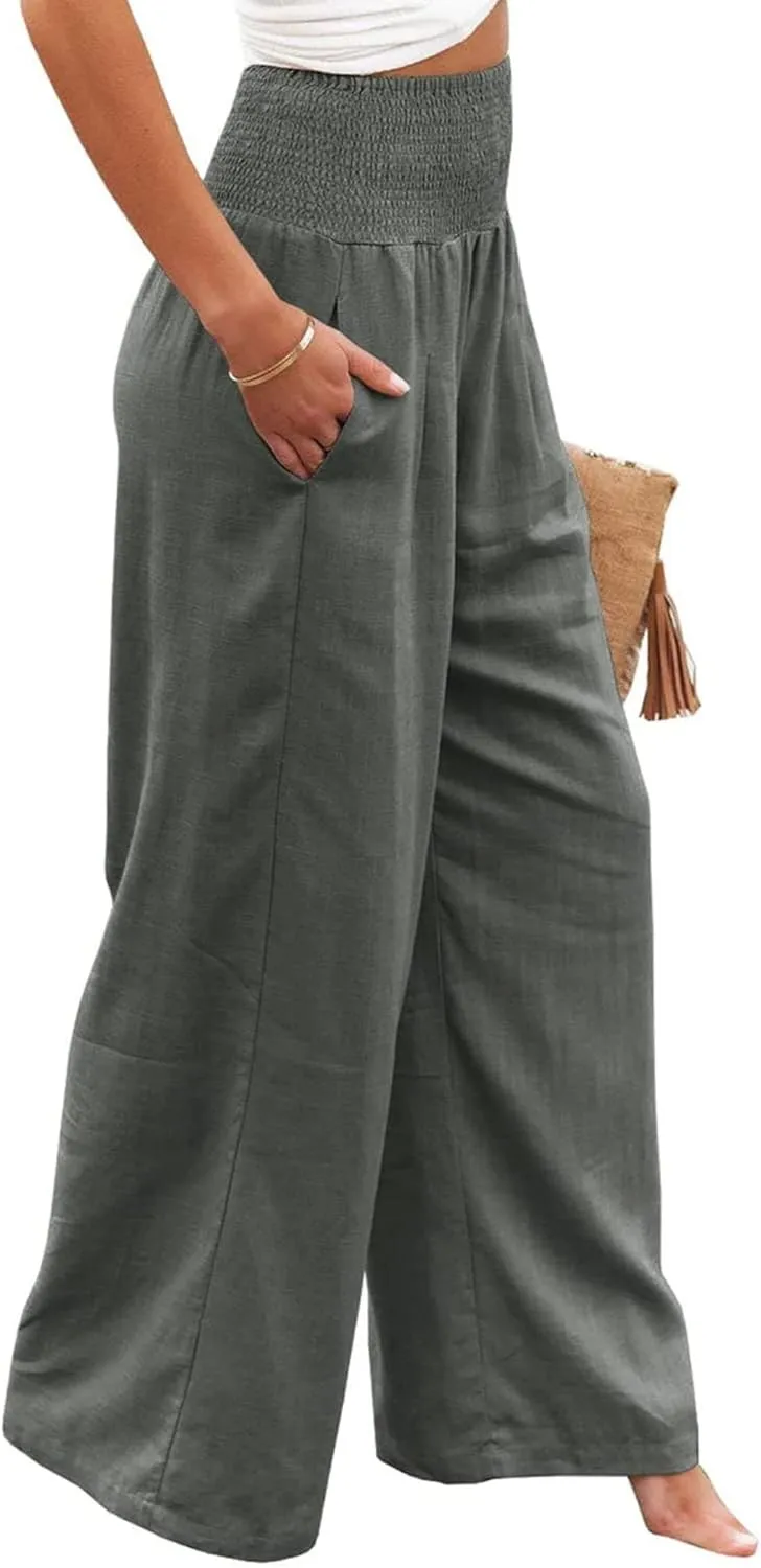 Womens Linen Palazzo Pants Boho Summer Lounge Pant Wide Leg High Waist Casual Pants Beach Travel Vacation Outfits