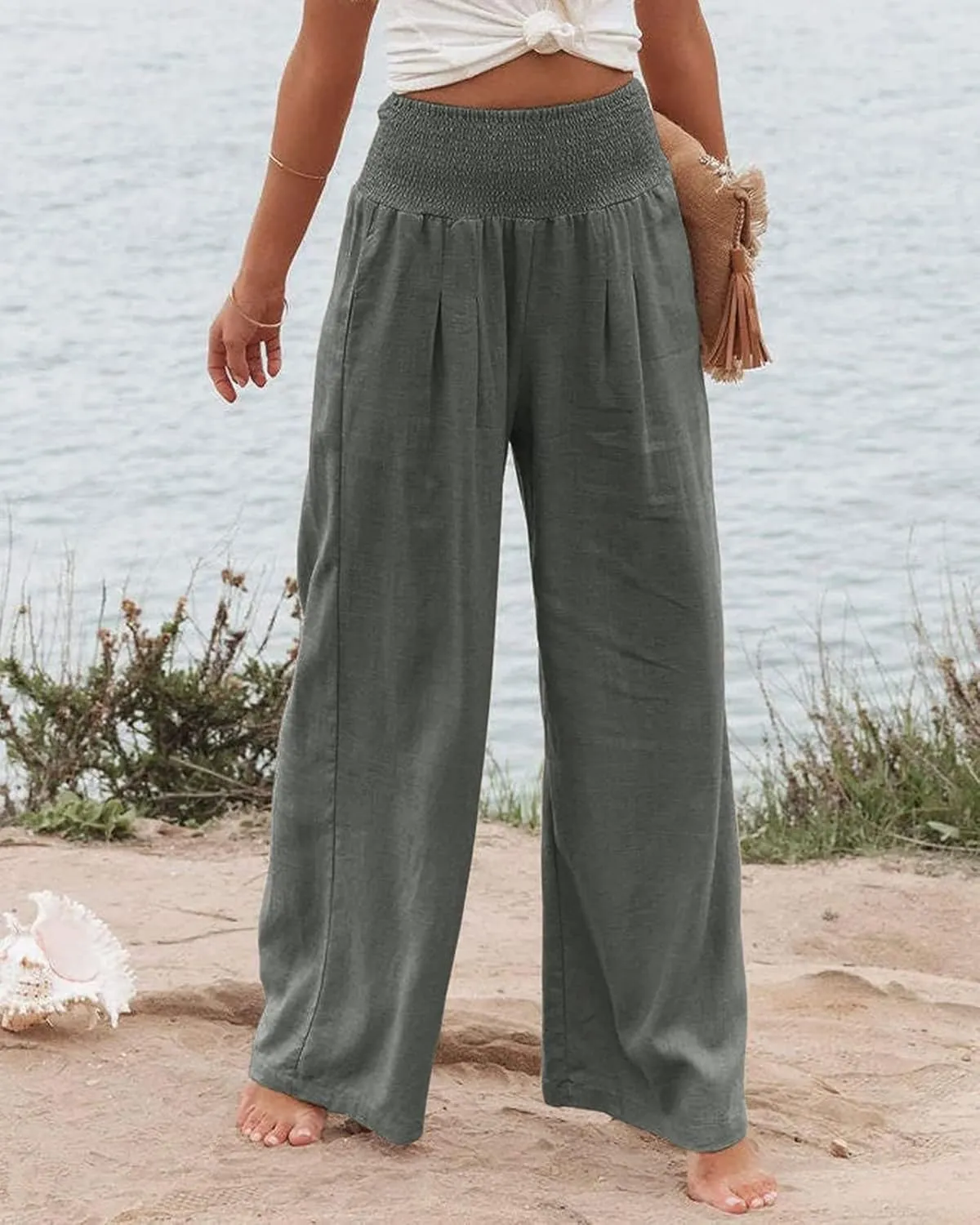 Womens Linen Palazzo Pants Boho Summer Lounge Pant Wide Leg High Waist Casual Pants Beach Travel Vacation Outfits