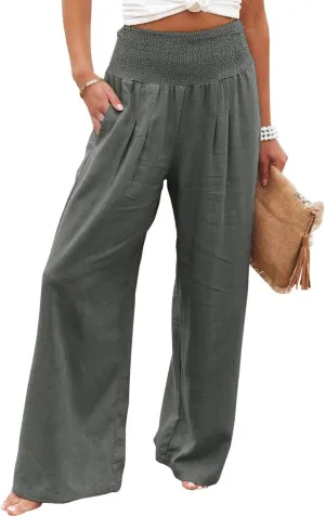 Womens Linen Palazzo Pants Boho Summer Lounge Pant Wide Leg High Waist Casual Pants Beach Travel Vacation Outfits