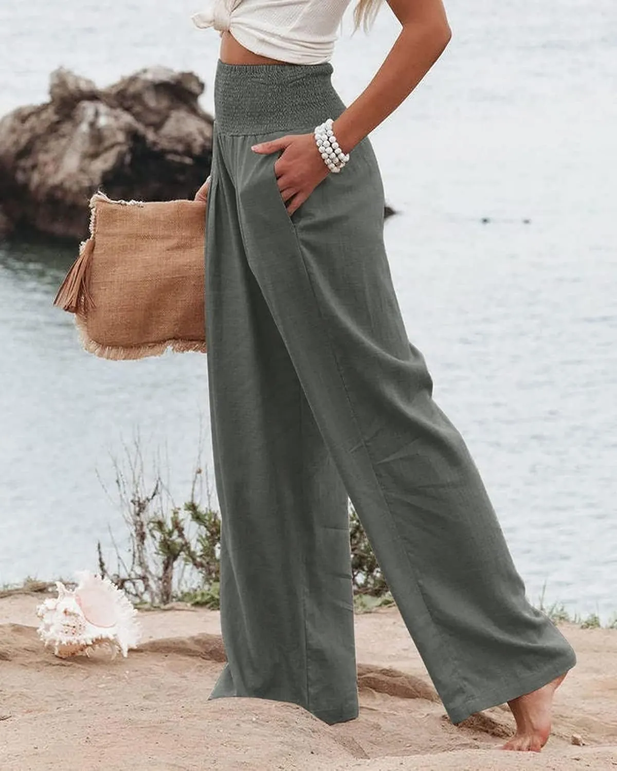Womens Linen Palazzo Pants Boho Summer Lounge Pant Wide Leg High Waist Casual Pants Beach Travel Vacation Outfits