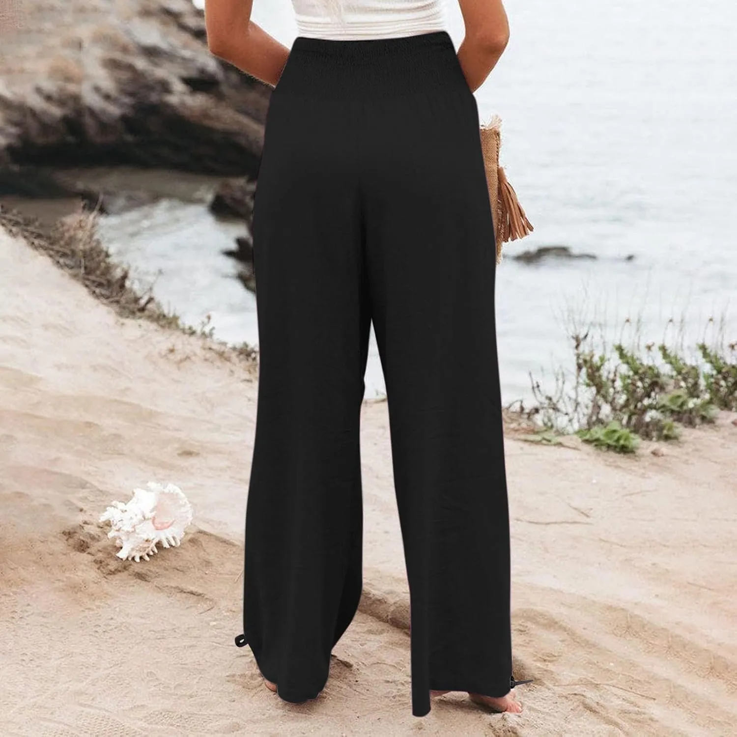 Womens Linen Pants 2025 Summer Casual Wide Leg Pants Loose Flowy Beach Trousers with Pockets