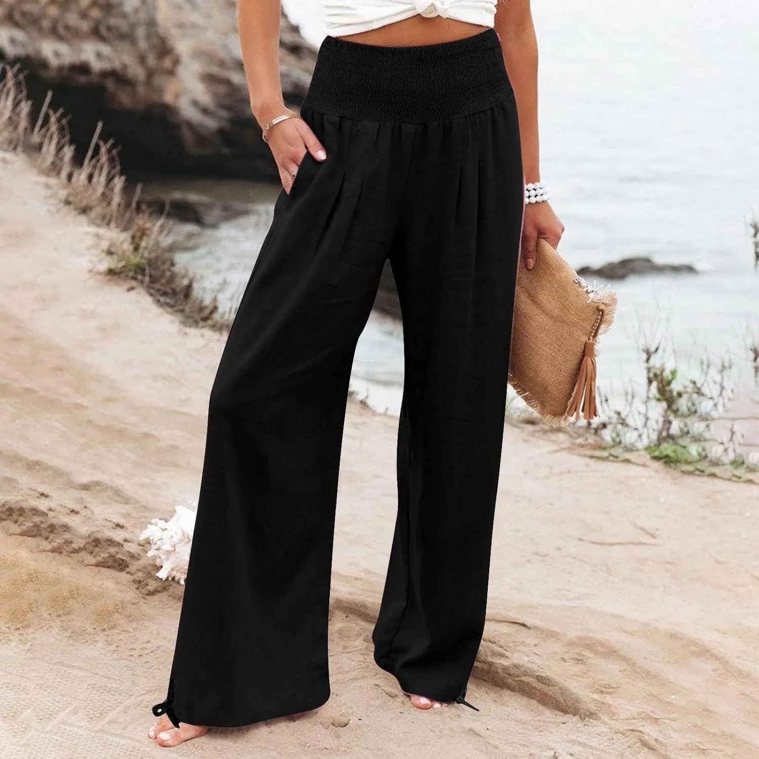 Womens Linen Pants 2025 Summer Casual Wide Leg Pants Loose Flowy Beach Trousers with Pockets
