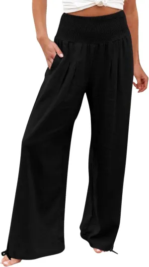Womens Linen Pants 2025 Summer Casual Wide Leg Pants Loose Flowy Beach Trousers with Pockets