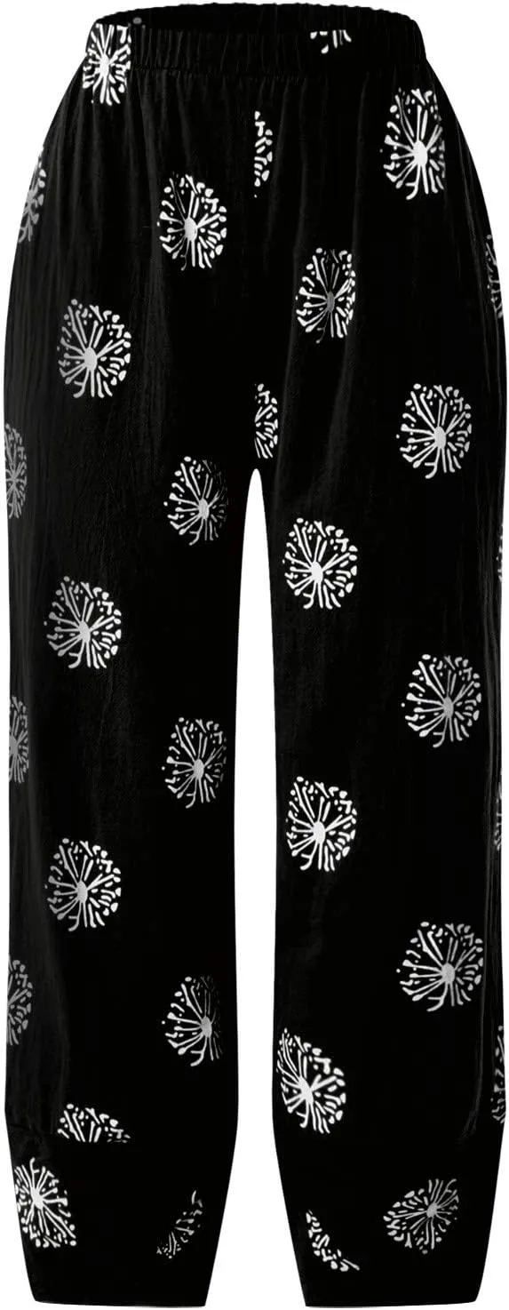 Womens Linen Pants Casual Dandelion Print Elastic Waist Sweatpants Capris Boho Wide Leg Palazzo Cropped Trousers with Pockets