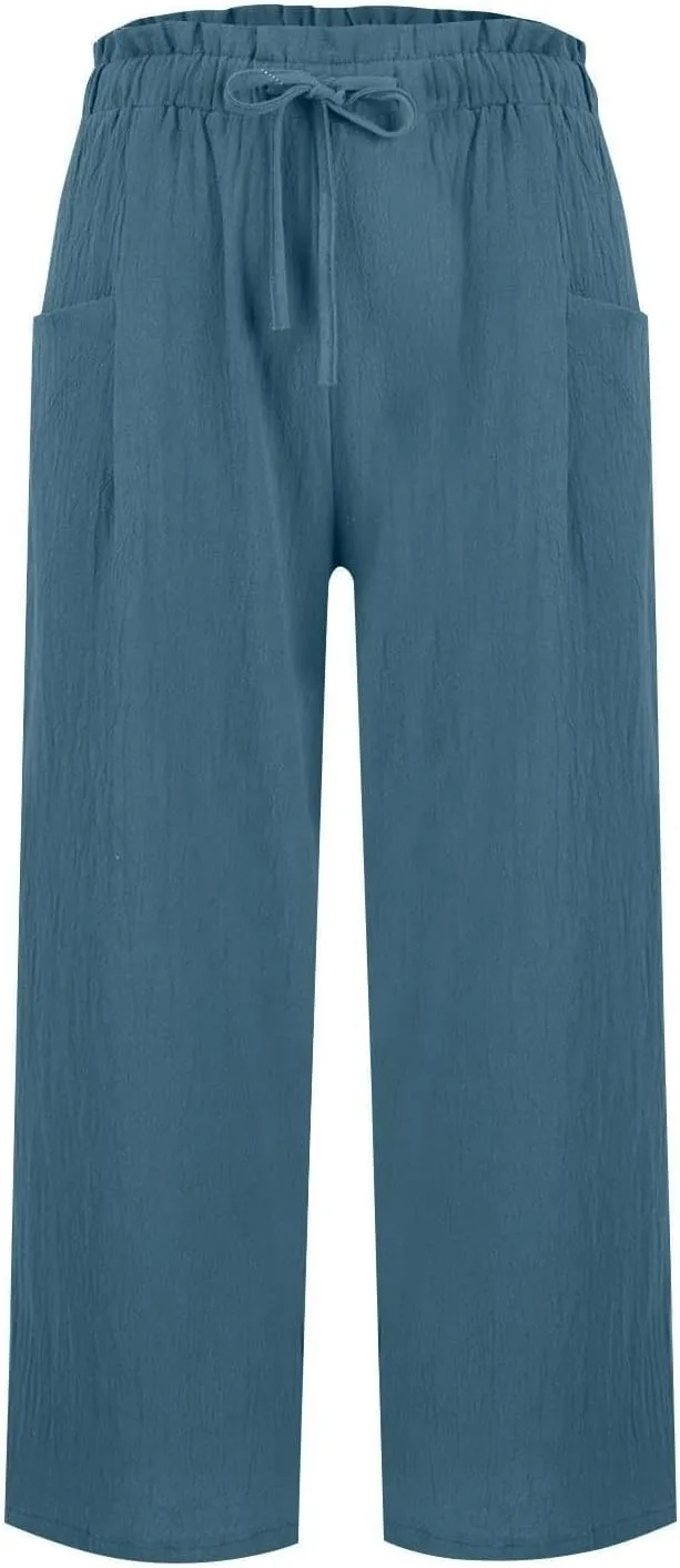 Women's Linen Pants Casual Drawstring High Waisted Wide Leg Capri Pant Summer Baggy Palazzo Trousers with Pockets