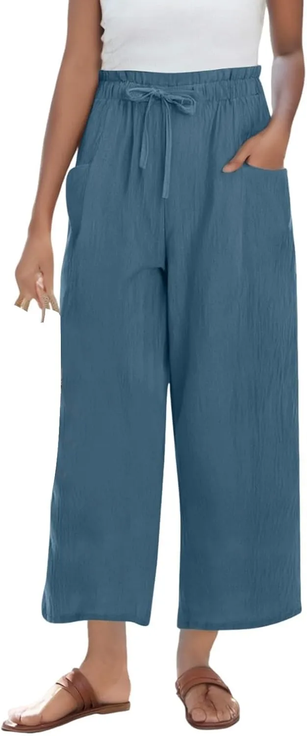 Women's Linen Pants Casual Drawstring High Waisted Wide Leg Capri Pant Summer Baggy Palazzo Trousers with Pockets