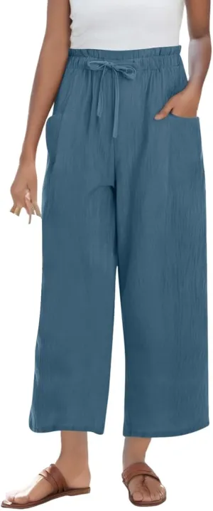 Women's Linen Pants Casual Drawstring High Waisted Wide Leg Capri Pant Summer Baggy Palazzo Trousers with Pockets