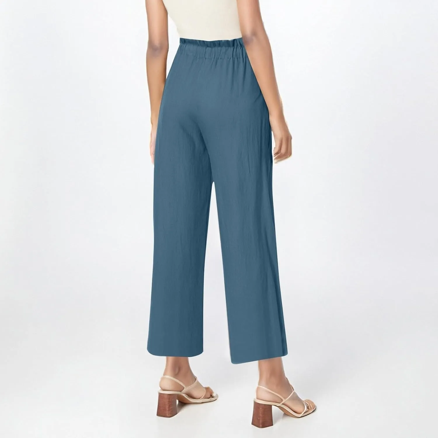 Women's Linen Pants Casual Drawstring High Waisted Wide Leg Capri Pant Summer Baggy Palazzo Trousers with Pockets