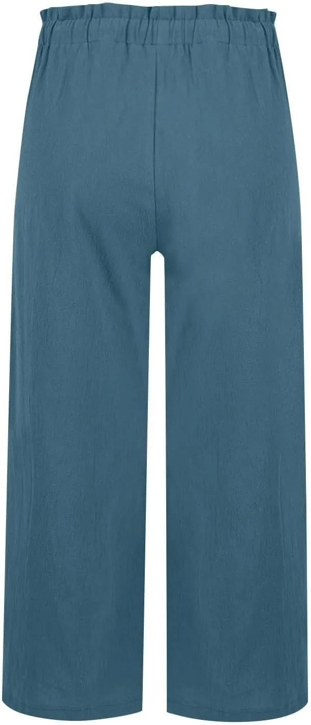 Women's Linen Pants Casual Drawstring High Waisted Wide Leg Capri Pant Summer Baggy Palazzo Trousers with Pockets