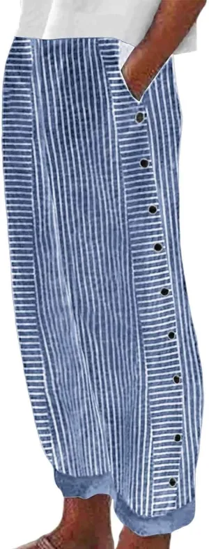 Women's Linen Pants Striped Side Button Elastic Waist Summer Trendy Pants Straight Leg Baggy Trousers with Pockets