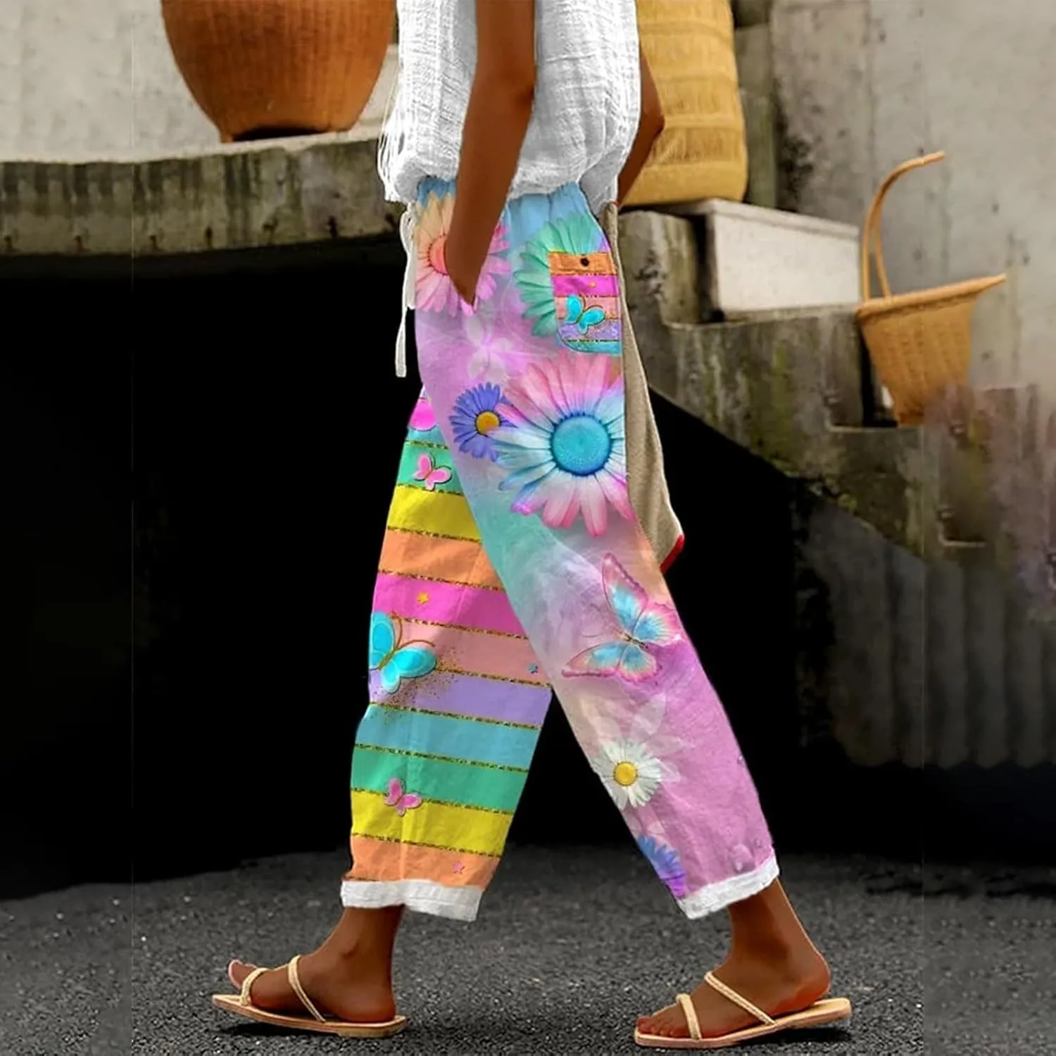 Womens Linen Pants Summer Casual Drawstring Pants Casual Elastic Waist Comfy Trousers Capri Pants for Women Jeggings
