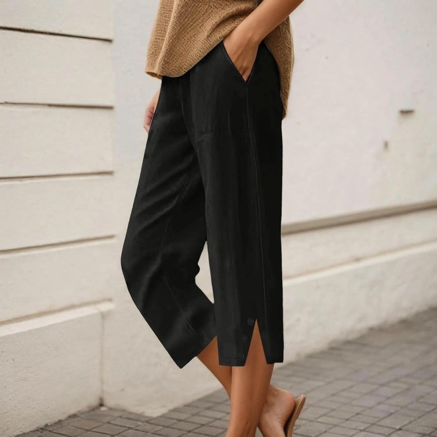 Womens Linen Pants Summer Lightweight Loose Casual Beach Pants Baggy Elastic Waisted Yoga Trousers with Pockets