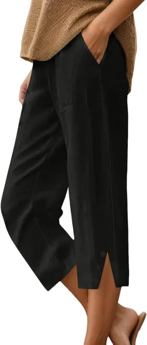 Womens Linen Pants Summer Lightweight Loose Casual Beach Pants Baggy Elastic Waisted Yoga Trousers with Pockets