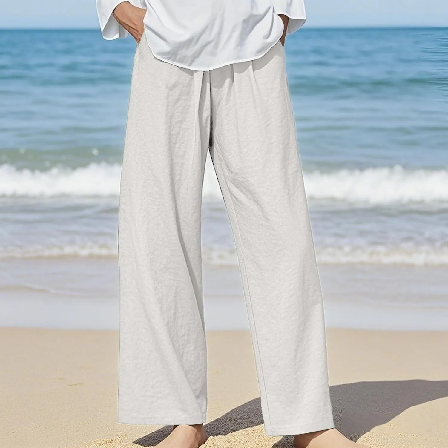 Womens Linen Pants Waist Drawstring Straight Leg Trousers 2025 Summer Loose Fit Comfy Cool Hiking Pants with Pockets