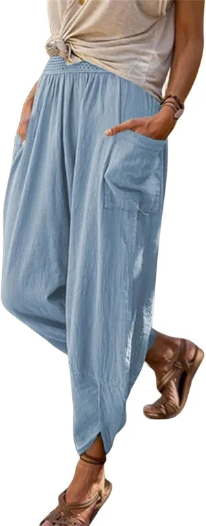 Womens Linen Pants with Pockets Straight Leg Elastic Waist Casual Pants Summer Loose Capris Beach Vacation Trousers