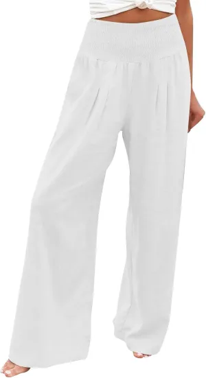 Womens Linen Summer Casual Flowy Pant Trousers High Waist Long Lounge Loose Fit Palazzo Lounge Pants Office