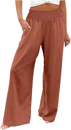 Womens Linen Summer Floral Pant Trousers Elastic Waisted Lounge Pants Plus Size Pants Travel