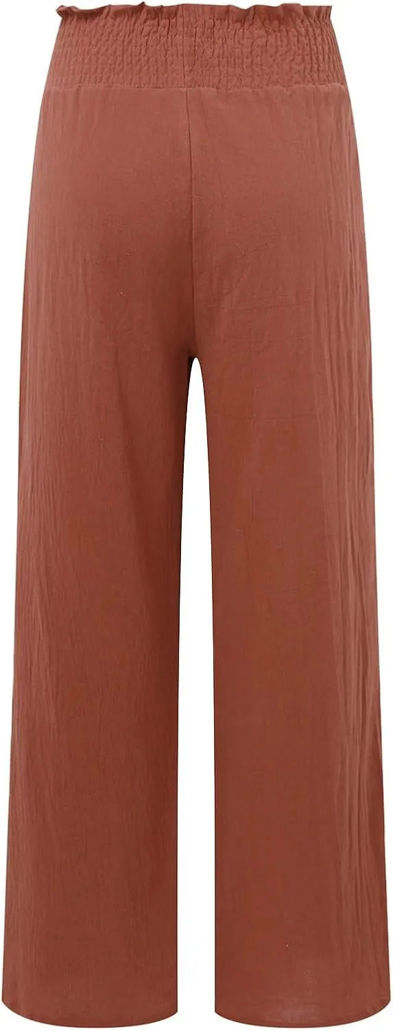 Womens Linen Summer Floral Pant Trousers Elastic Waisted Lounge Pants Plus Size Pants Travel