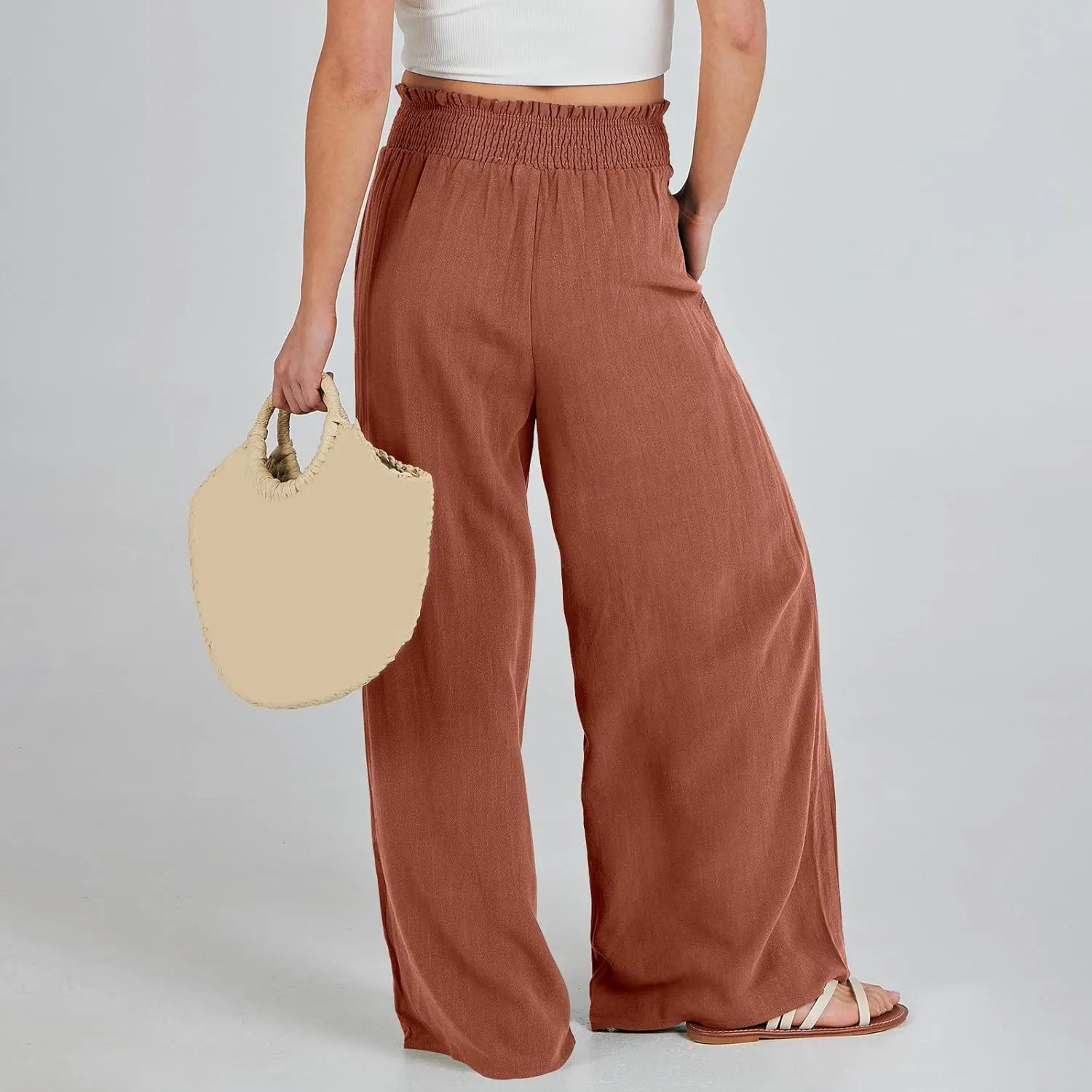 Womens Linen Summer Floral Pant Trousers Elastic Waisted Lounge Pants Plus Size Pants Travel