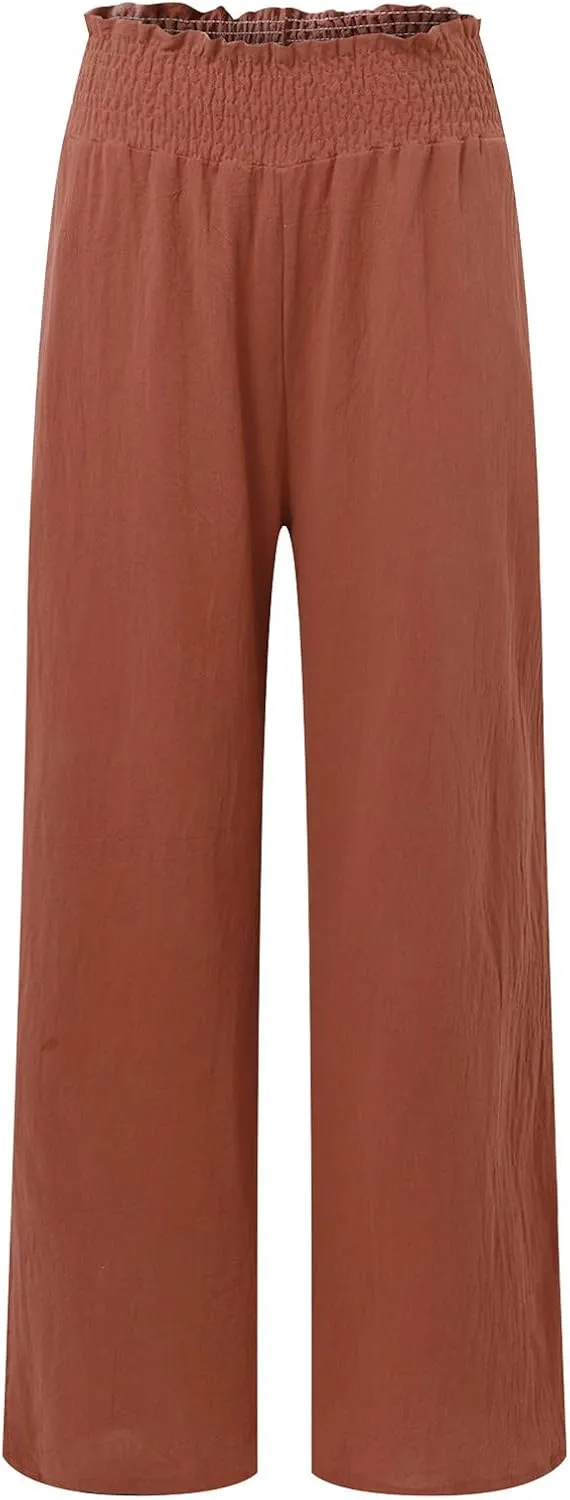 Womens Linen Summer Floral Pant Trousers Elastic Waisted Lounge Pants Plus Size Pants Travel
