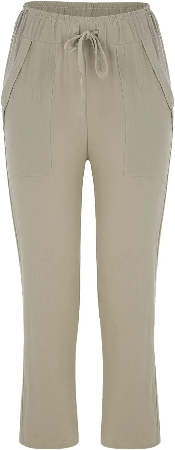 Women's Linen Summer Floral Pant Trousers High Waist Bootcut Loose Fit Palazzo Pants Office