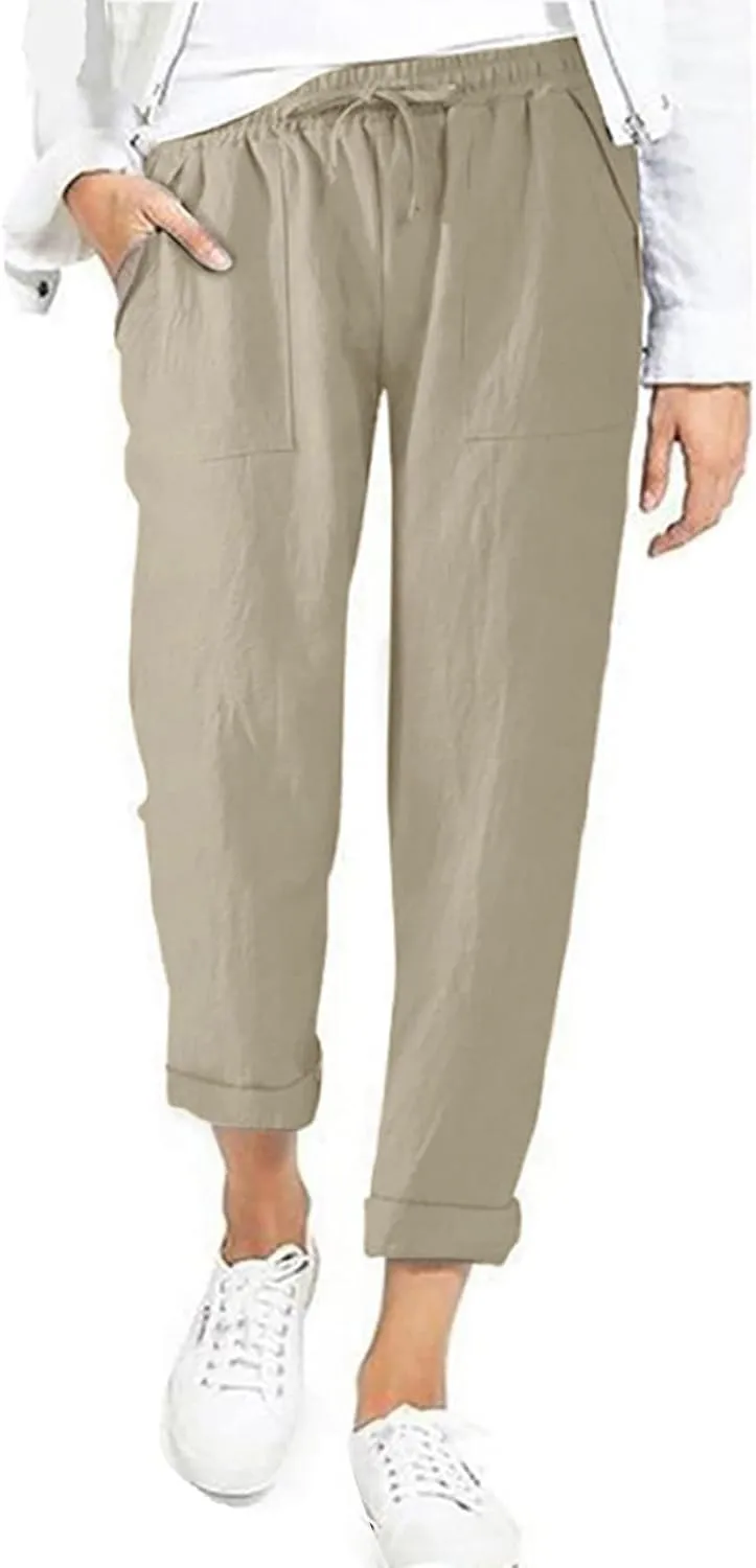 Women's Linen Summer Floral Pant Trousers High Waist Bootcut Loose Fit Palazzo Pants Office