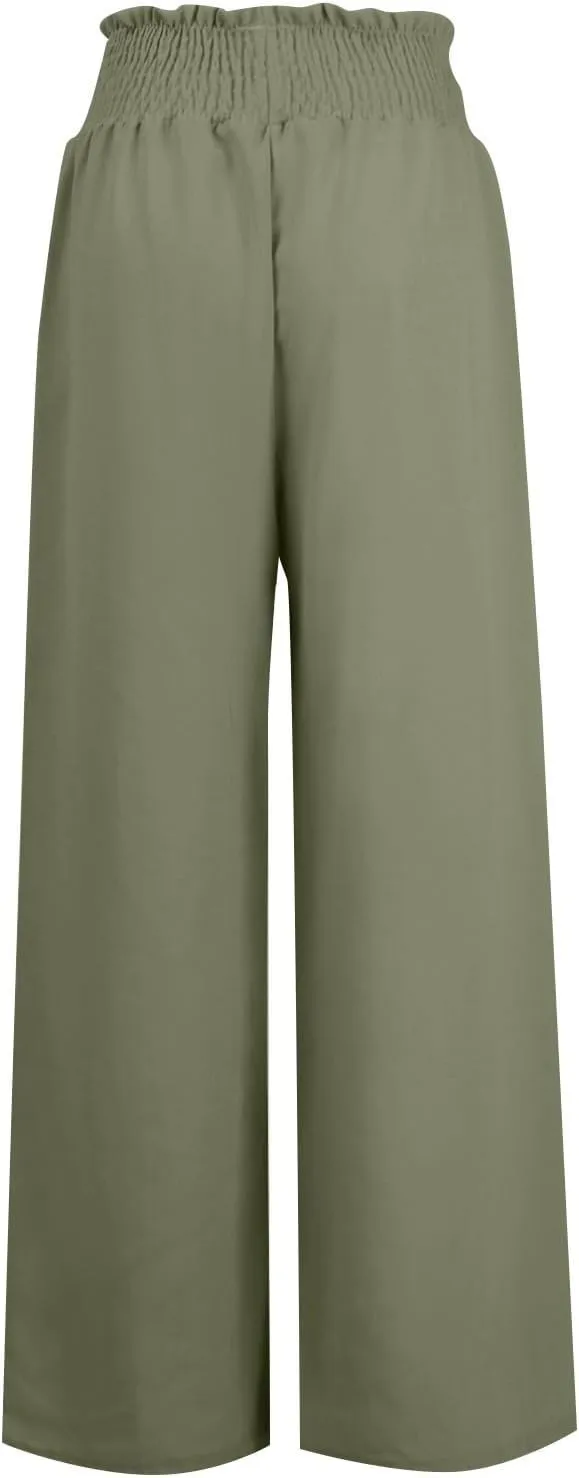 Women's Linen Summer Palazzo Pant Trousers Elastic Waisted Ankle Length Plus Size Palazzo Pants Work Business