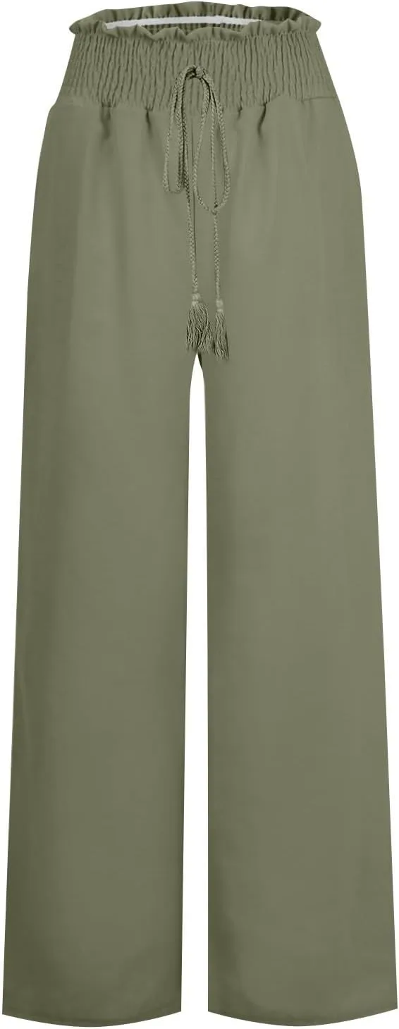 Women's Linen Summer Palazzo Pant Trousers Elastic Waisted Ankle Length Plus Size Palazzo Pants Work Business