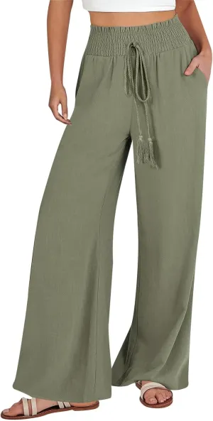 Women's Linen Summer Palazzo Pant Trousers Elastic Waisted Ankle Length Plus Size Palazzo Pants Work Business