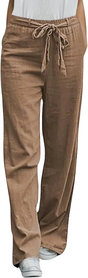 Women's Linen Summer Print Palazzo Pants Elastic Waist Lounge Pants Slim-Fit Trouser Trendy
