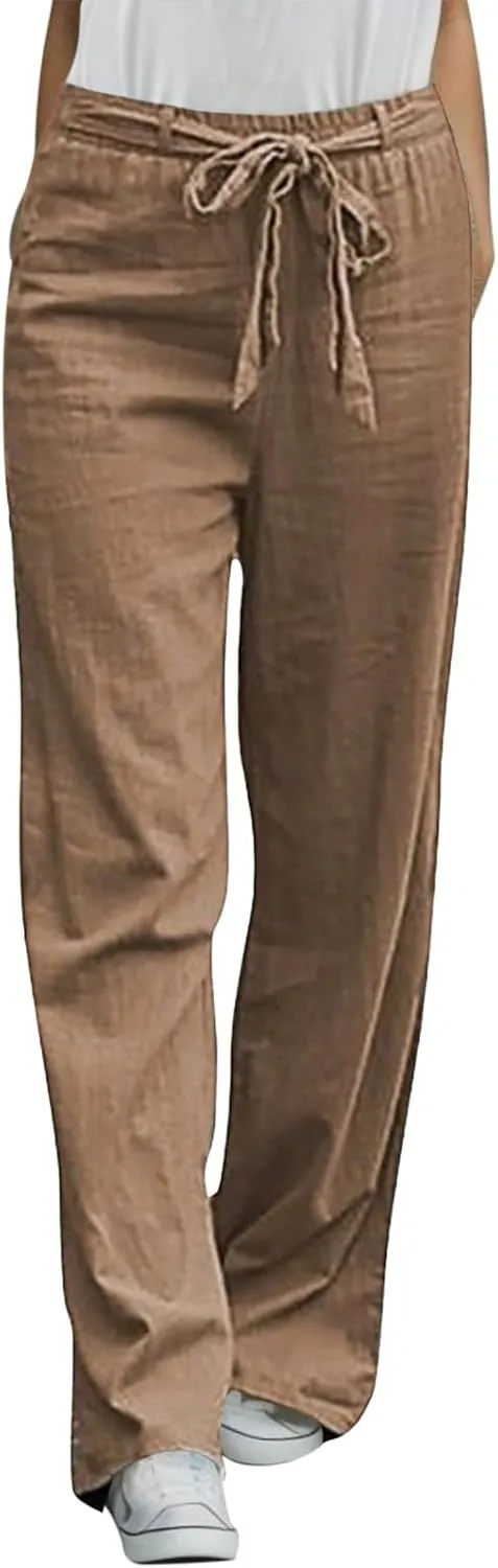 Women's Linen Summer Print Palazzo Pants Elastic Waist Lounge Pants Slim-Fit Trouser Trendy