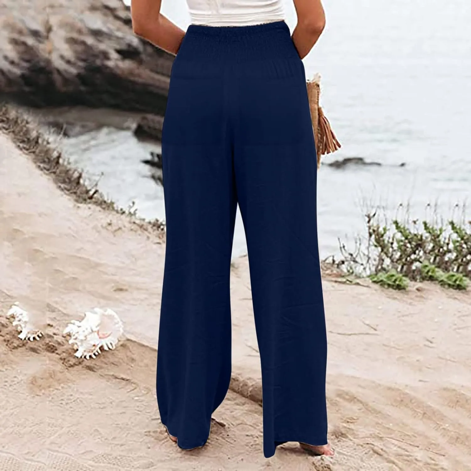 Womens Linen Summer Printed Palazzo Lounge Pants Elastic Waisted Straight Plus Size Palazzo Pants Vacation
